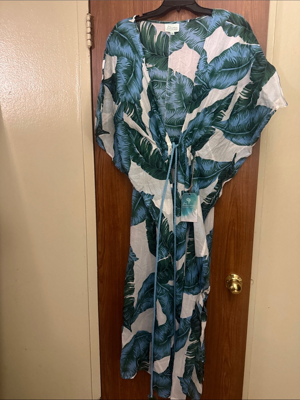 Tropical Leaf Green Women's Swim Coverup - Drawstring Kaftan